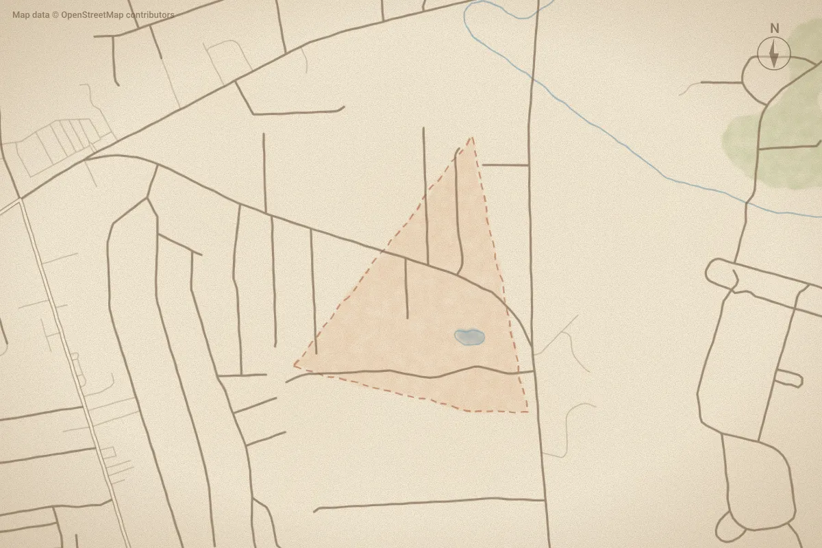 Watercolor map of Old Ferry Estates in Supply, NC, showing its streets, water and surroundings