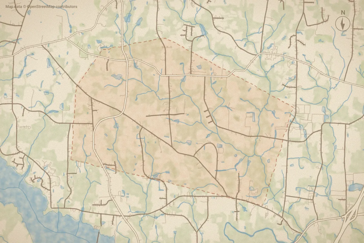 Watercolor map of Old Fields in Sims, NC, showing its streets, water and surroundings