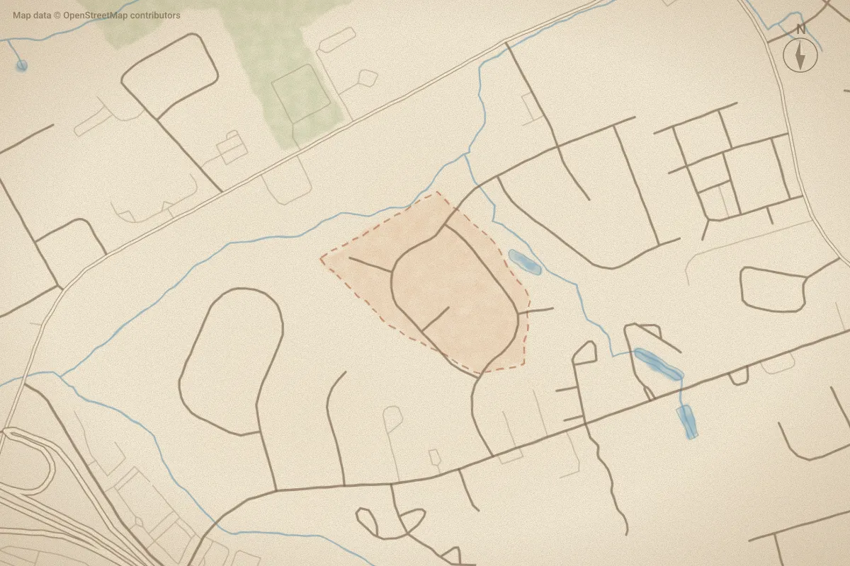 Watercolor map of Olde Farm in Goldsboro, NC, showing its streets, water and surroundings