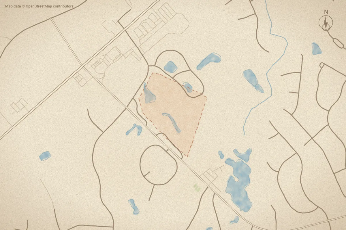 Watercolor map of Olde Point Villas in Hampstead, NC, showing its streets, water and surroundings