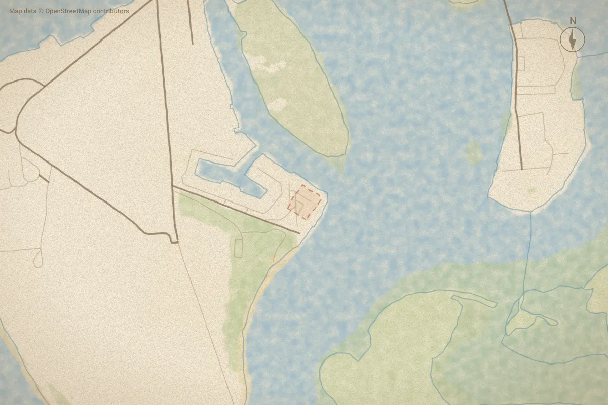 Watercolor map of Olde Towne Condo in Beaufort, NC, showing its streets, water and surroundings