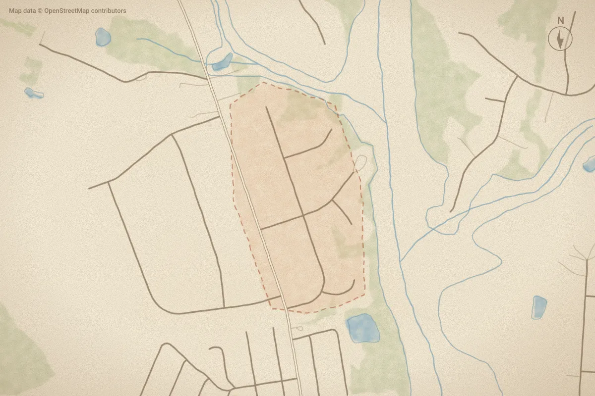 Watercolor map of Ole Mill Village in Hubert, NC, showing its streets, water and surroundings