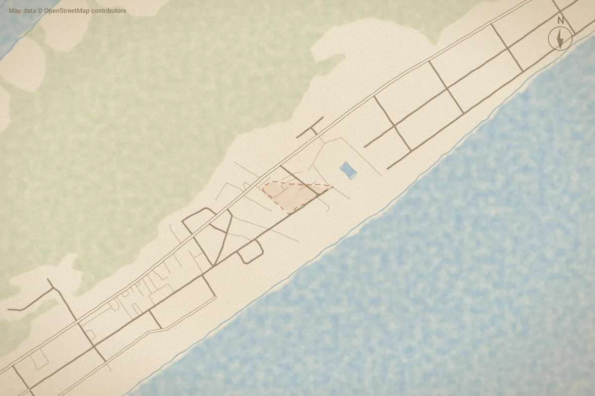 Watercolor map of Osprey Point in Surf City, NC, showing its streets, water and surroundings