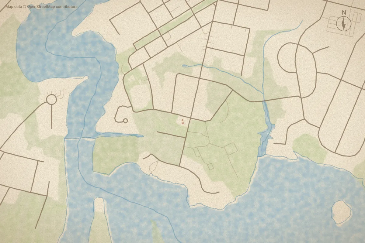 Watercolor map of Osprey Pointe in Jacksonville, NC, showing its streets, water and surroundings
