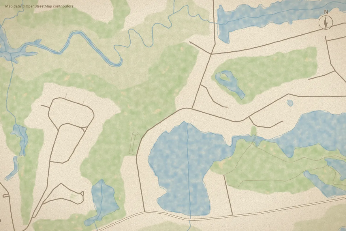 Watercolor map of Oyster Bay in Sunset Beach, NC, showing its streets, water and surroundings