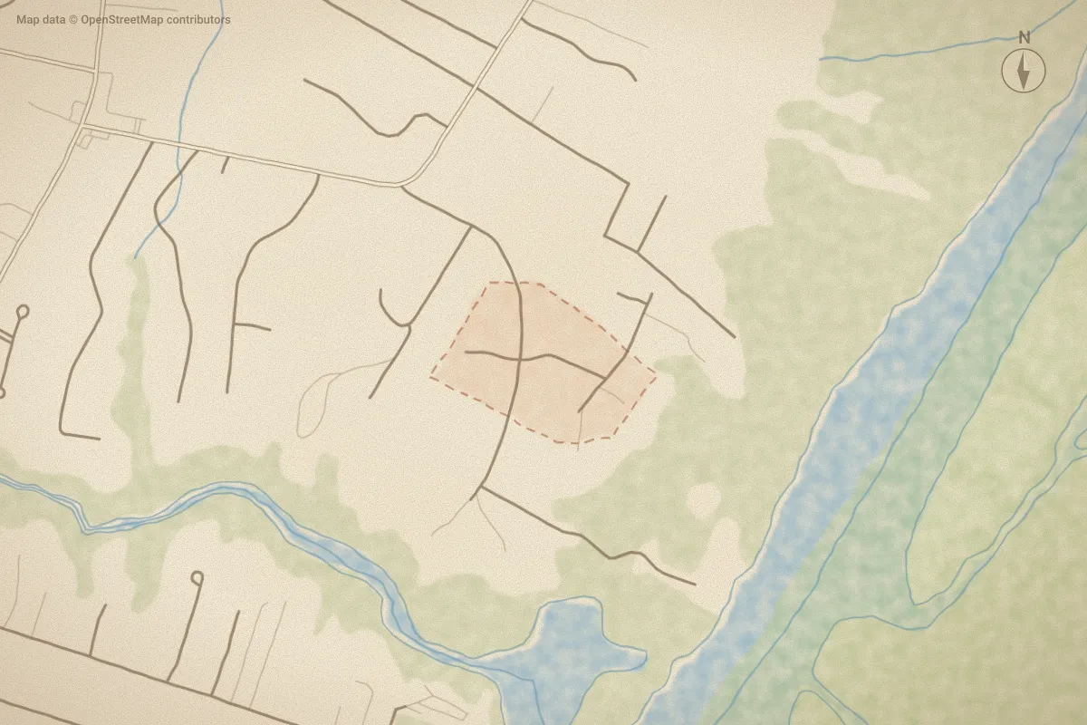 Watercolor map of Oyster Bay in Wilmington, NC, showing its streets, water and surroundings