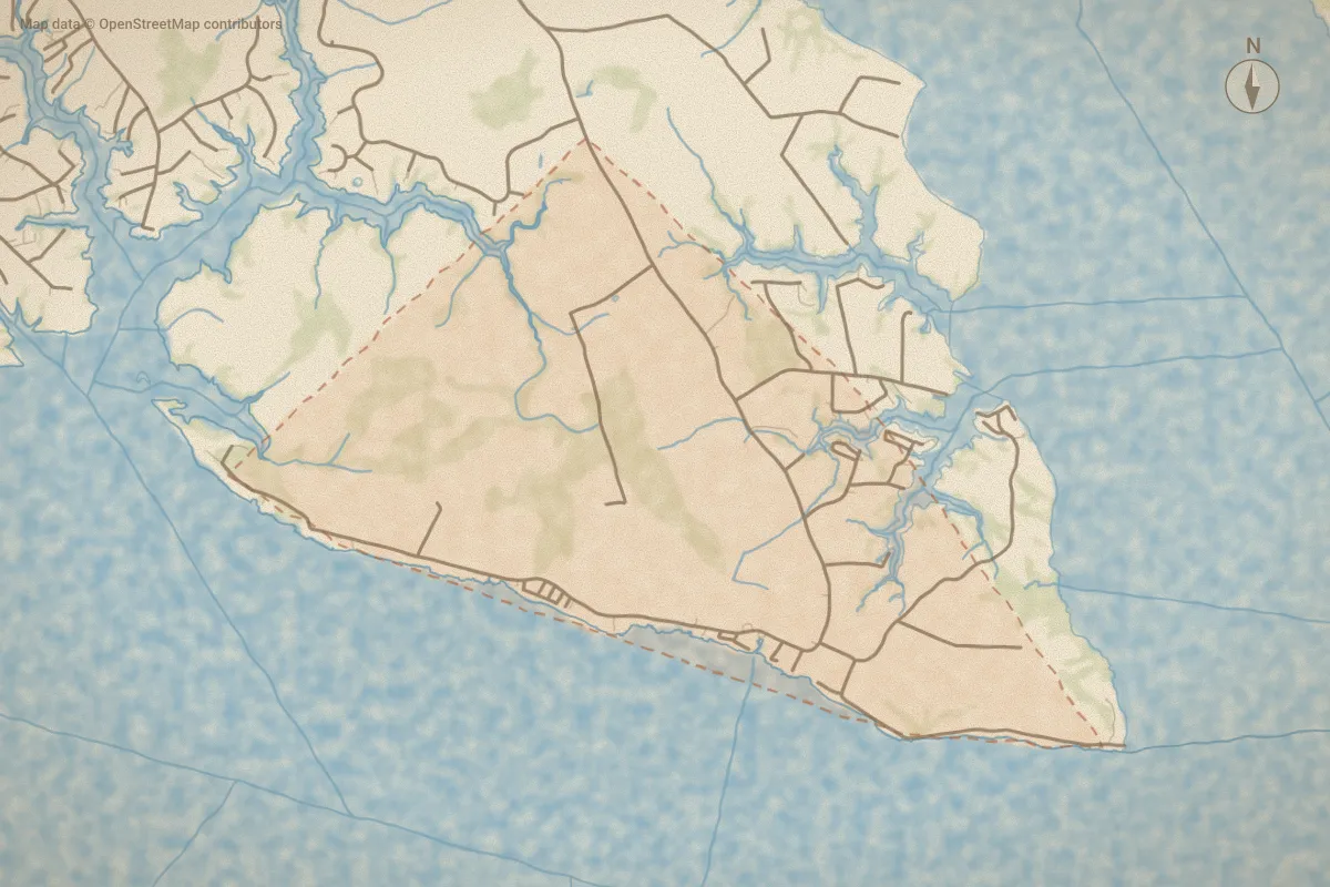 Watercolor map of Pamlico Beach in Belhaven, NC, showing its streets, water and surroundings