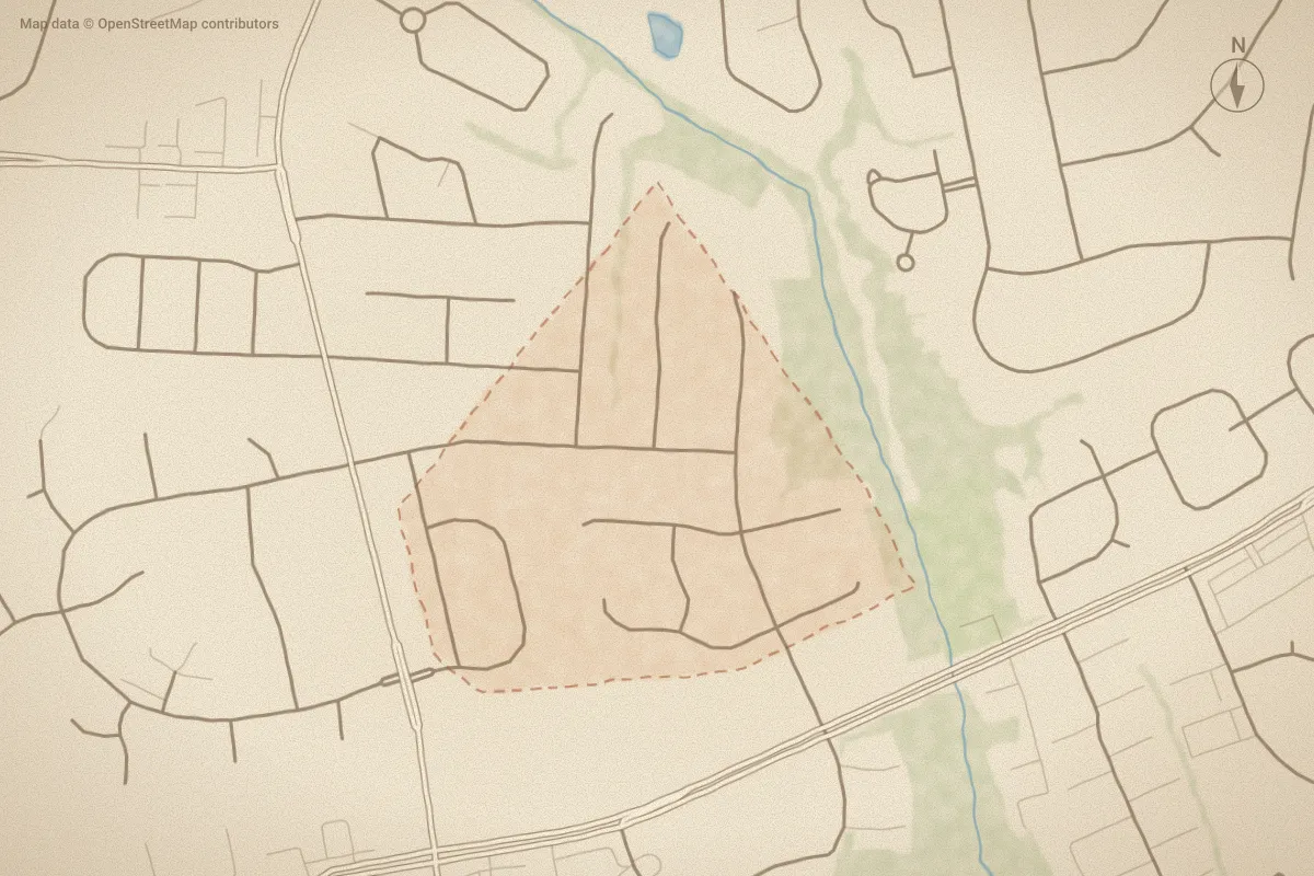 Watercolor map of Paramore in Winterville, NC, showing its streets, water and surroundings