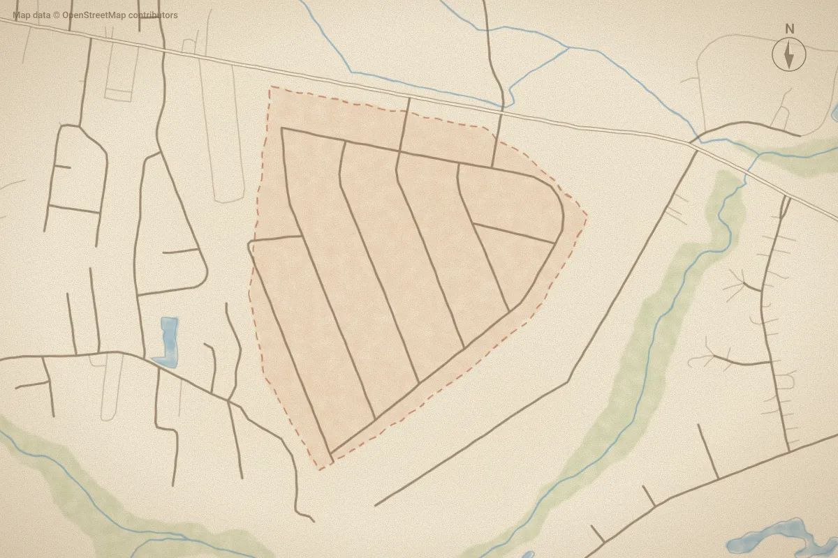 Watercolor map of Parkwood Estates in Leland, NC, showing its streets, water and surroundings