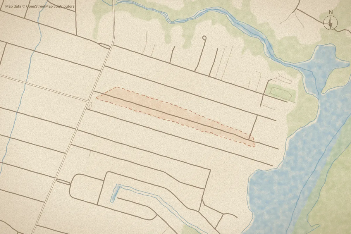 Watercolor map of Pelican Point in Wilmington, NC, showing its streets, water and surroundings