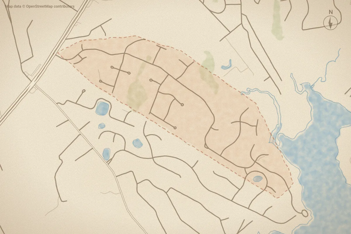 Watercolor map of Pelican Reef in Hampstead, NC, showing its streets, water and surroundings