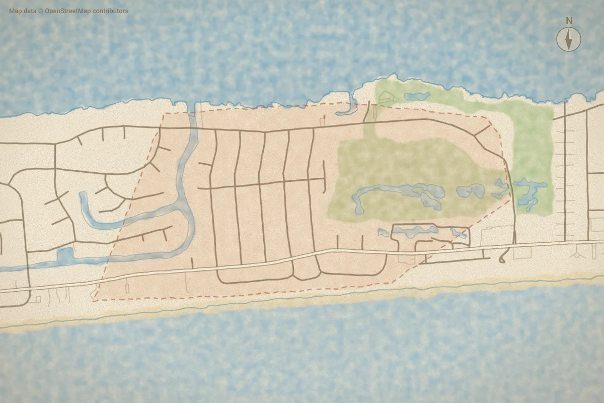 Watercolor map of Piksco in Pine Knoll Shores, NC, showing its streets, water and surroundings
