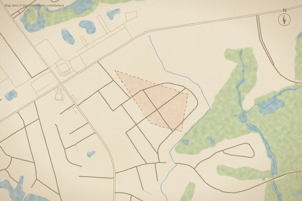 Watercolor map of Pine Bur Acres in Calabash, NC, showing its streets, water and surroundings