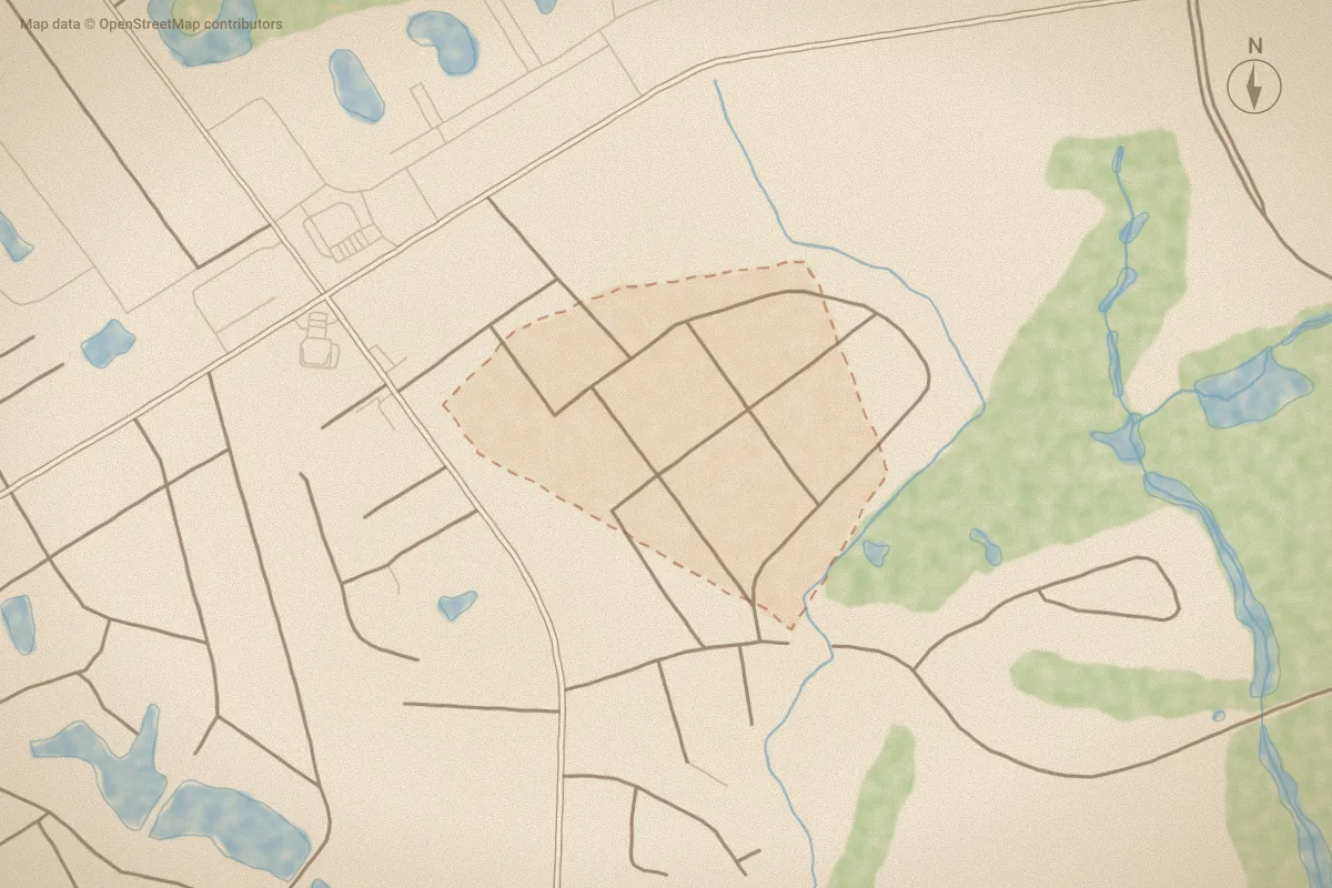 Watercolor map of Pine Burr Acres in Sunset Beach, NC, showing its streets, water and surroundings