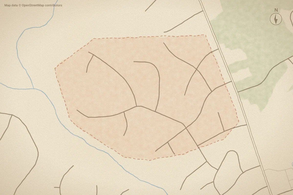 Watercolor map of Pine Forest Acres in Jacksonville, NC, showing its streets, water and surroundings