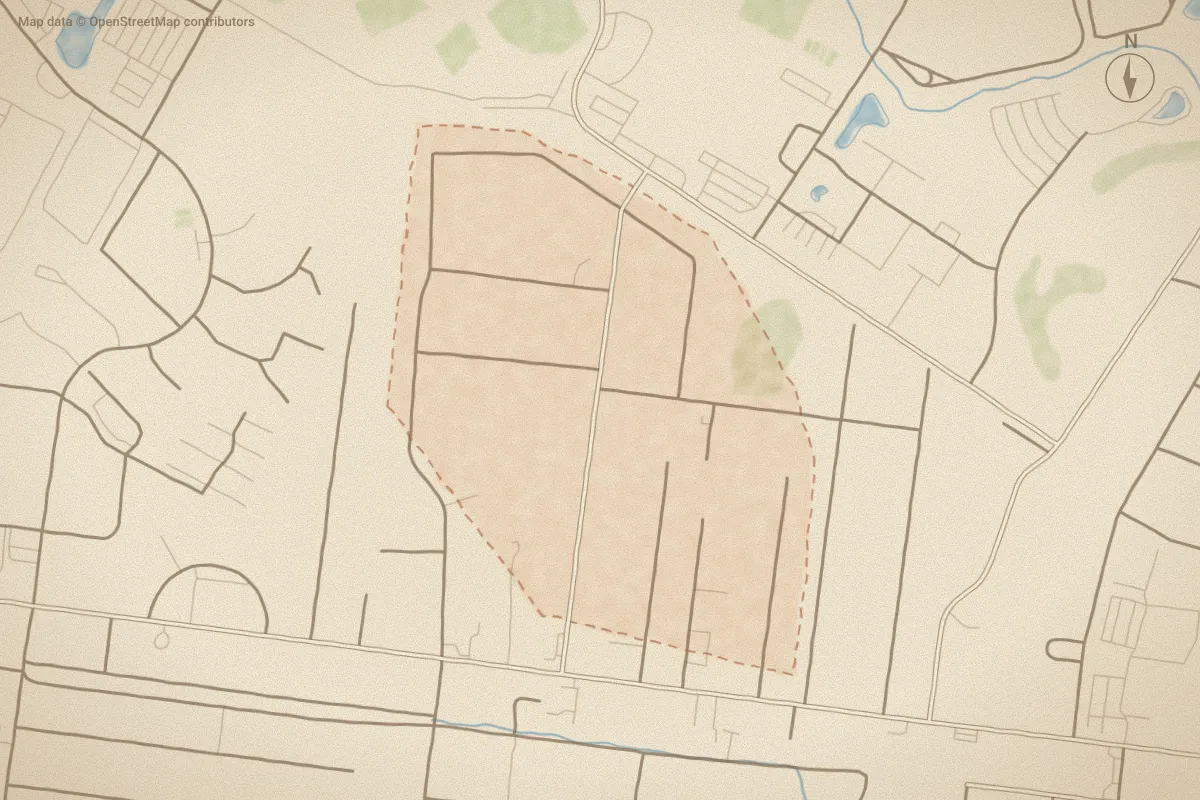 Watercolor map of Pine Hills in Wilmington, NC, showing its streets, water and surroundings
