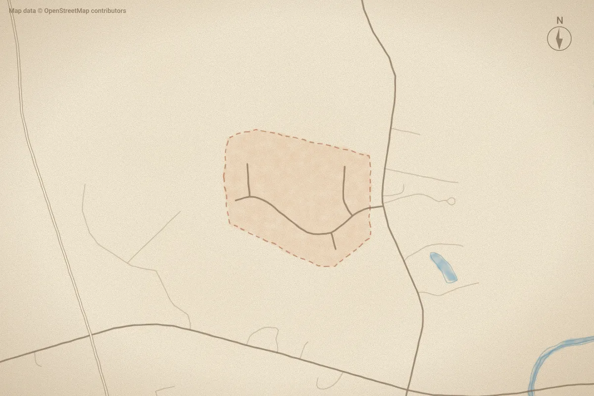 Watercolor map of Pine Tree Knolls at River Run in Selma, NC, showing its streets, water and surroundings