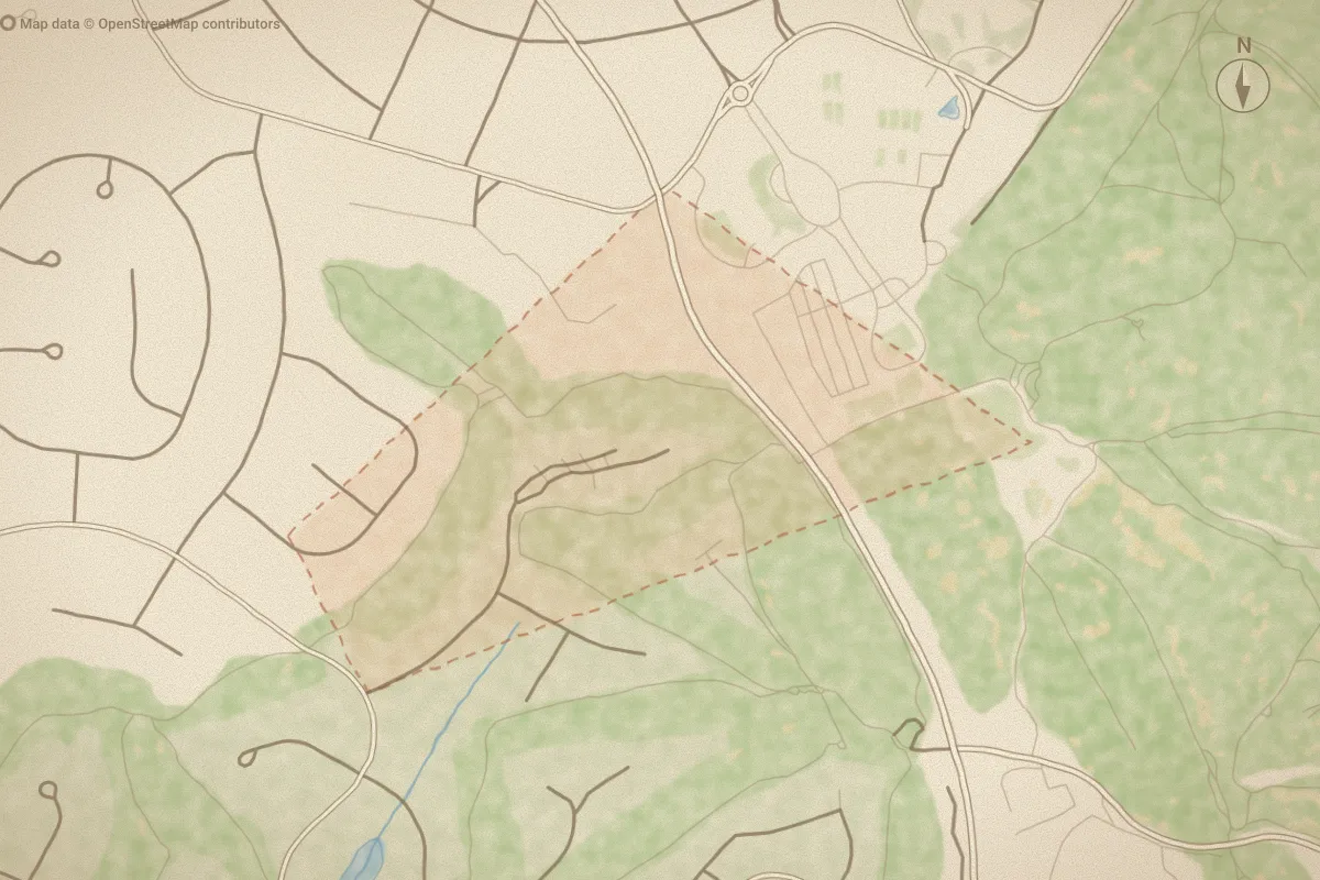 Watercolor map of Pine Vly Con in Pinehurst, NC, showing its streets, water and surroundings