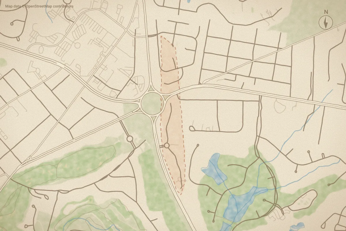 Watercolor map of Pinehurst Manor in Pinehurst, NC, showing its streets, water and surroundings