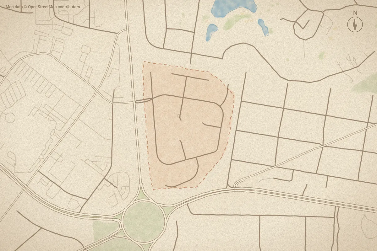 Watercolor map of Pinehurst Trace in Pinehurst, NC, showing its streets, water and surroundings