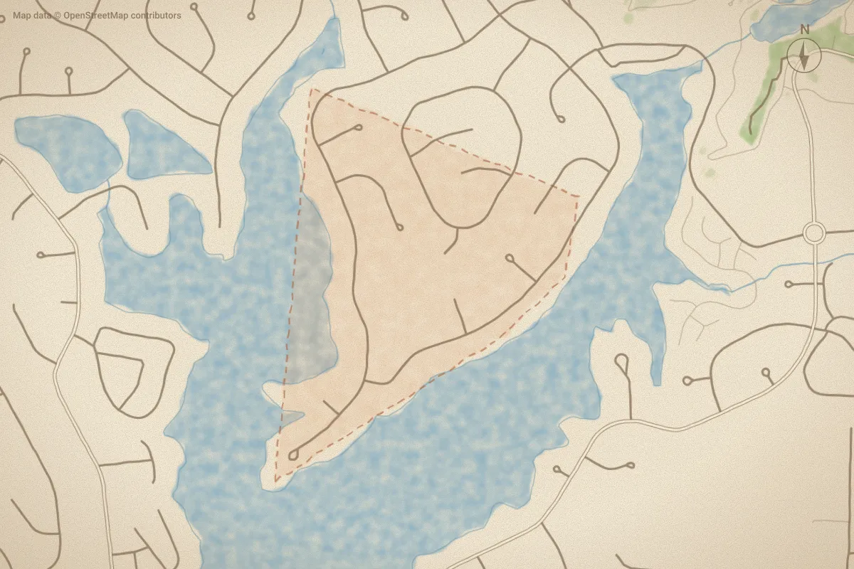 Watercolor map of Pinemere in Pinehurst, NC, showing its streets, water and surroundings