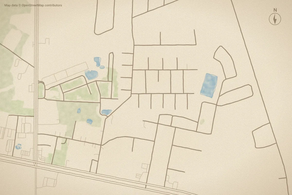 Watercolor map of Piney Green Estates in Midway Park, NC, showing its streets, water and surroundings