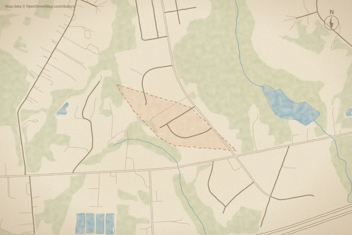 Watercolor map of Pleasant Ridge in Hubert, NC, showing its streets, water and surroundings