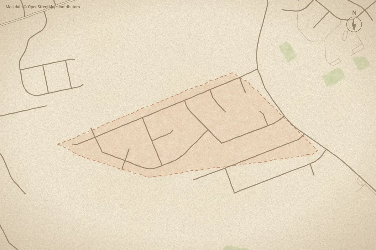 Watercolor map of Plum Point Estates in Jacksonville, NC, showing its streets, water and surroundings