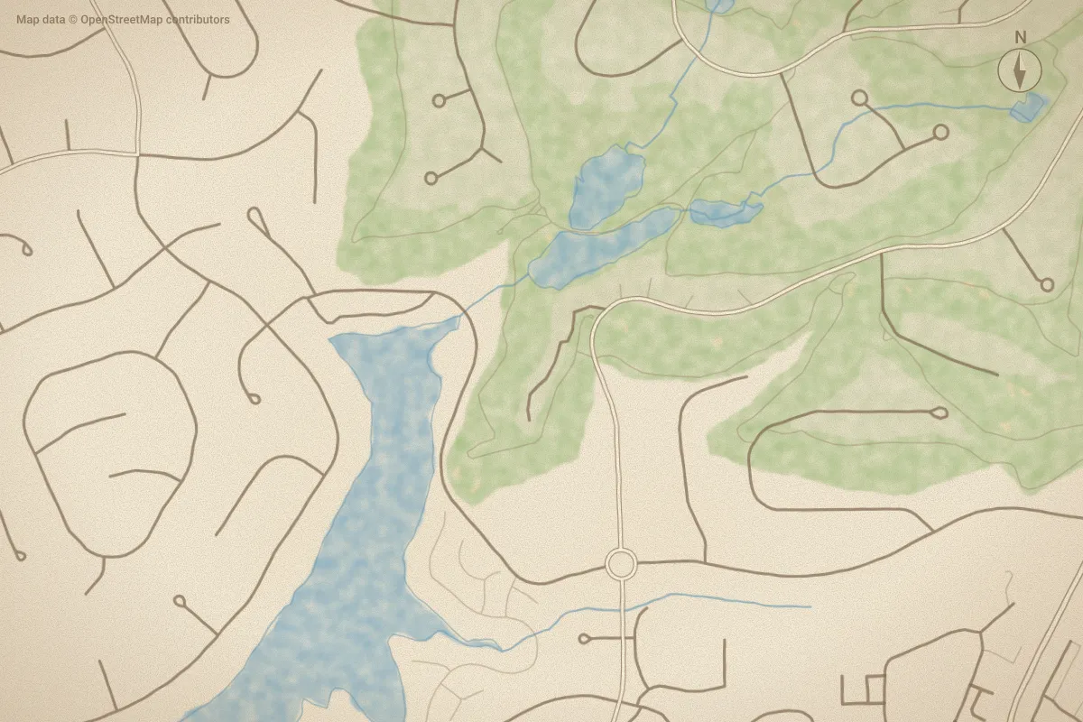 Watercolor map of Point Clear in Pinehurst, NC, showing its streets, water and surroundings