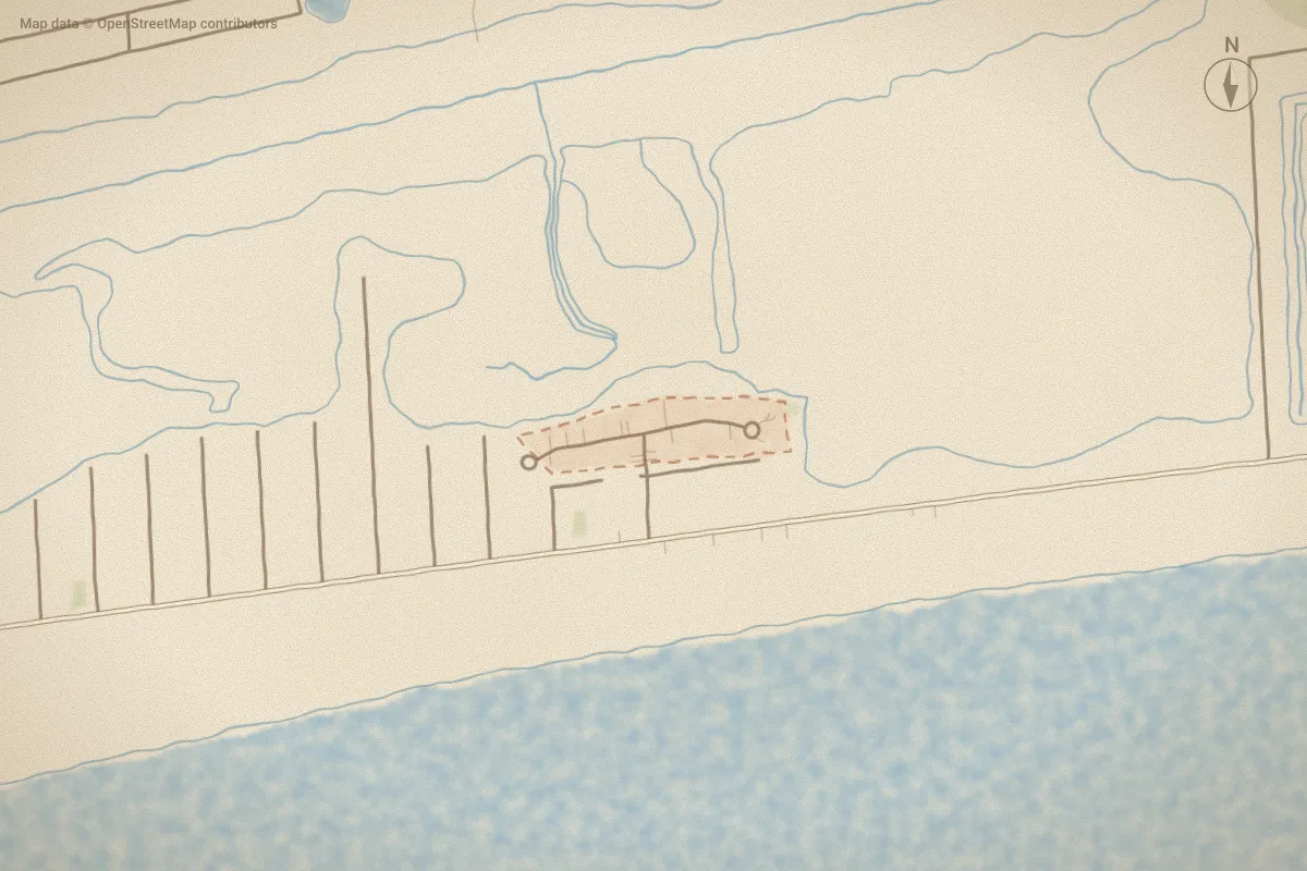 Watercolor map of Pointe West in Holden Beach, NC, showing its streets, water and surroundings