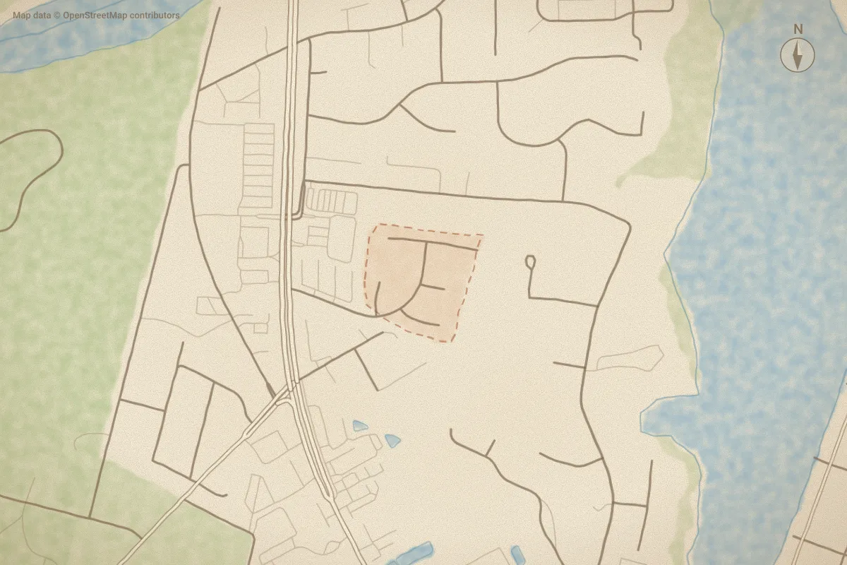 Watercolor map of Portside Village in Carolina Beach, NC, showing its streets, water and surroundings