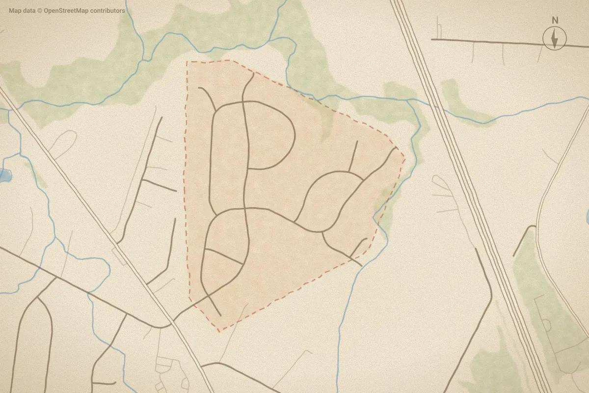Watercolor map of Prince George Estates in Castle Hayne, NC, showing its streets, water and surroundings