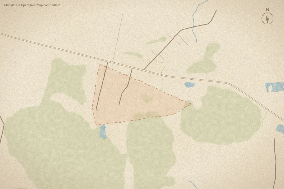 Watercolor map of Quail Ridge in Leland, NC, showing its streets, water and surroundings