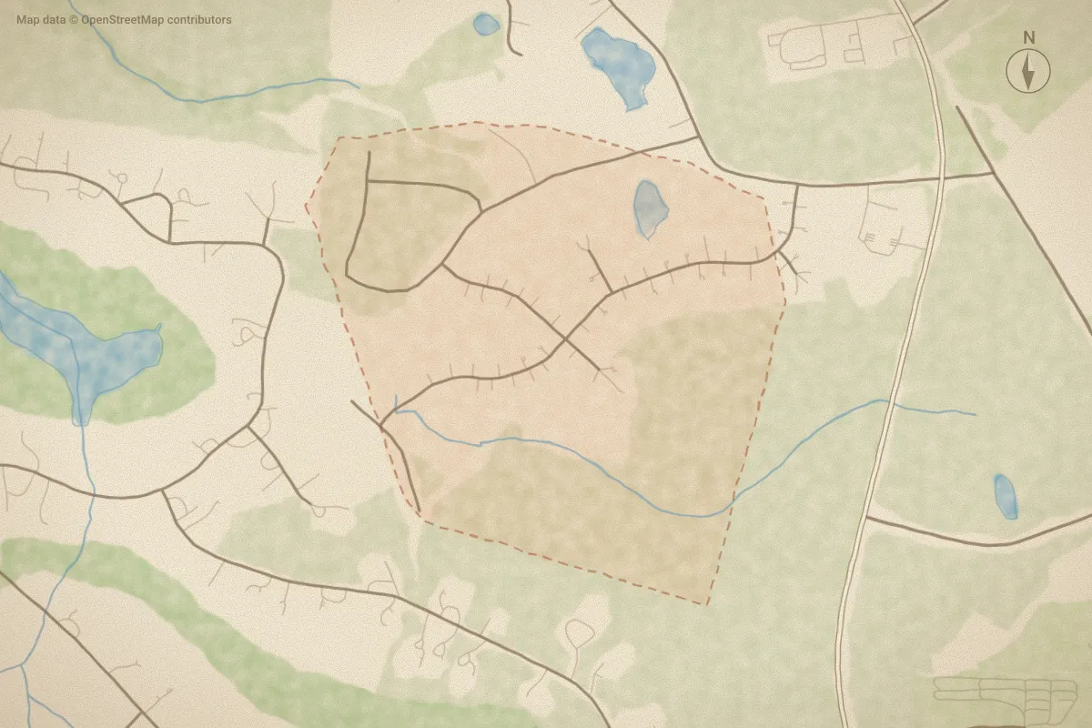 Watercolor map of Ravensbrook in Carthage, NC, showing its streets, water and surroundings
