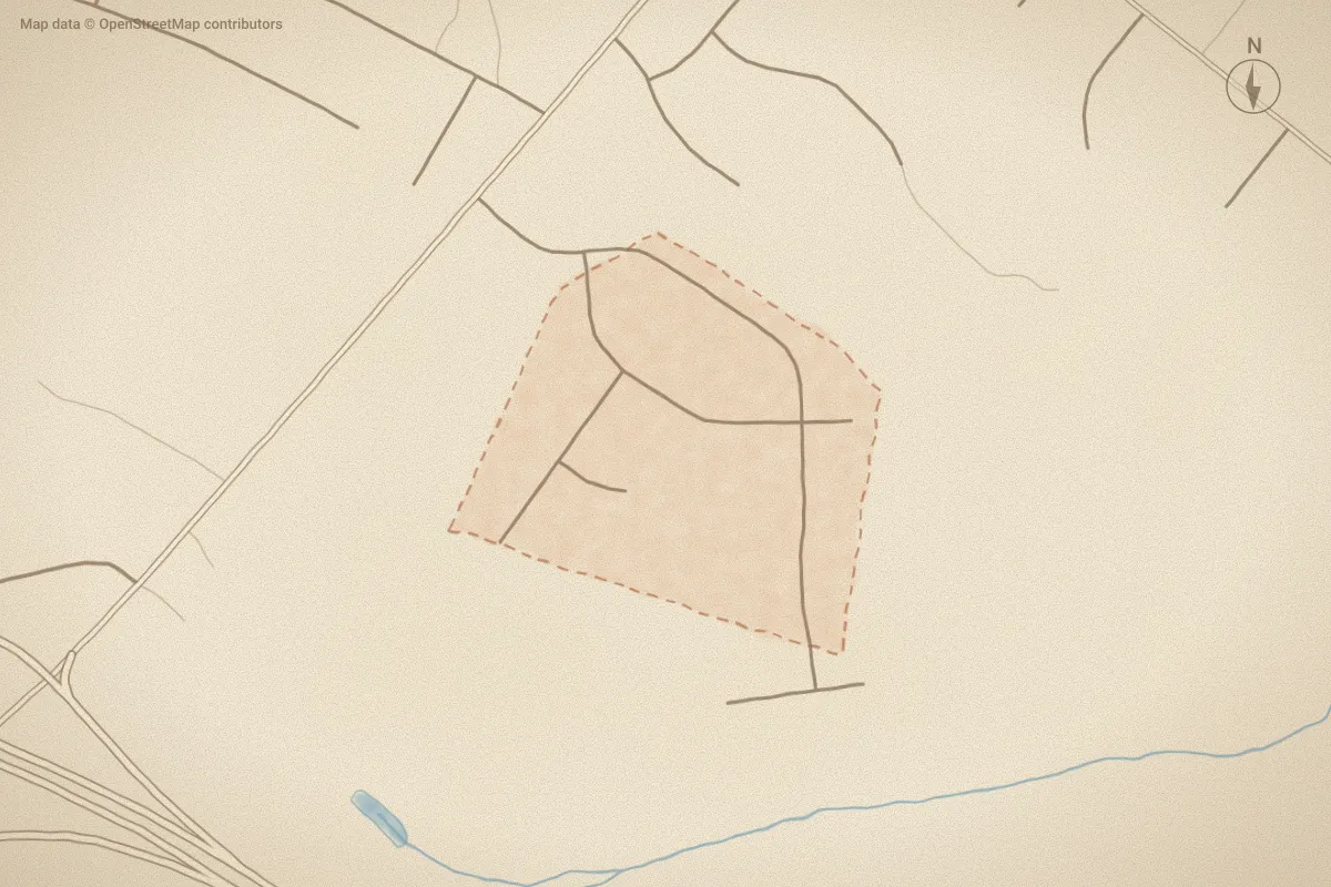 Watercolor map of Red Oak Plantation in Goldsboro, NC, showing its streets, water and surroundings