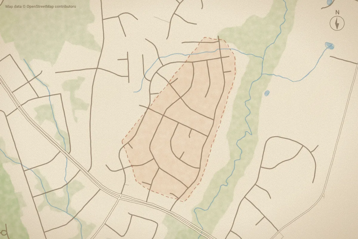 Watercolor map of Regalwoods in Jacksonville, NC, showing its streets, water and surroundings