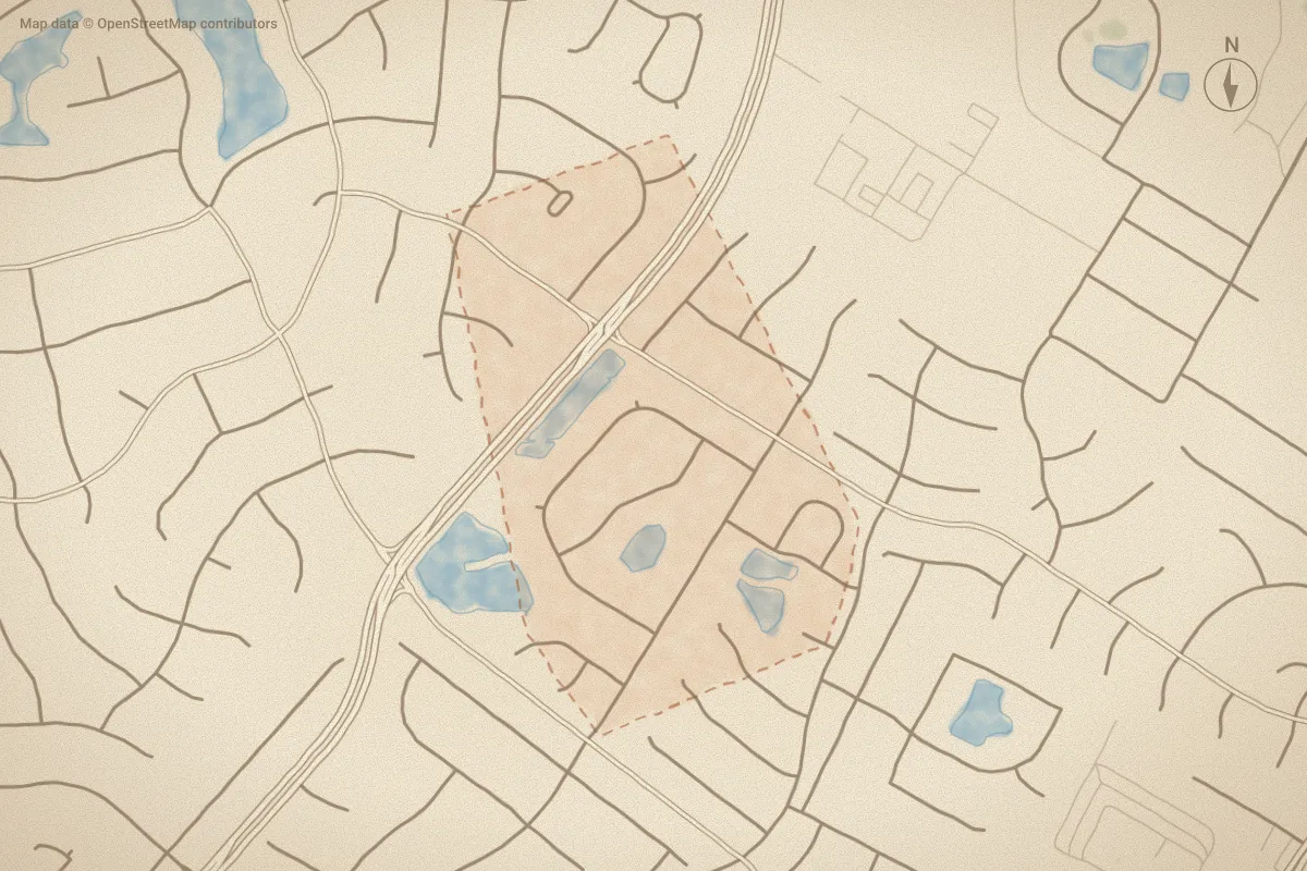Watercolor map of Reserve at West Bay in Wilmington, NC, showing its streets, water and surroundings