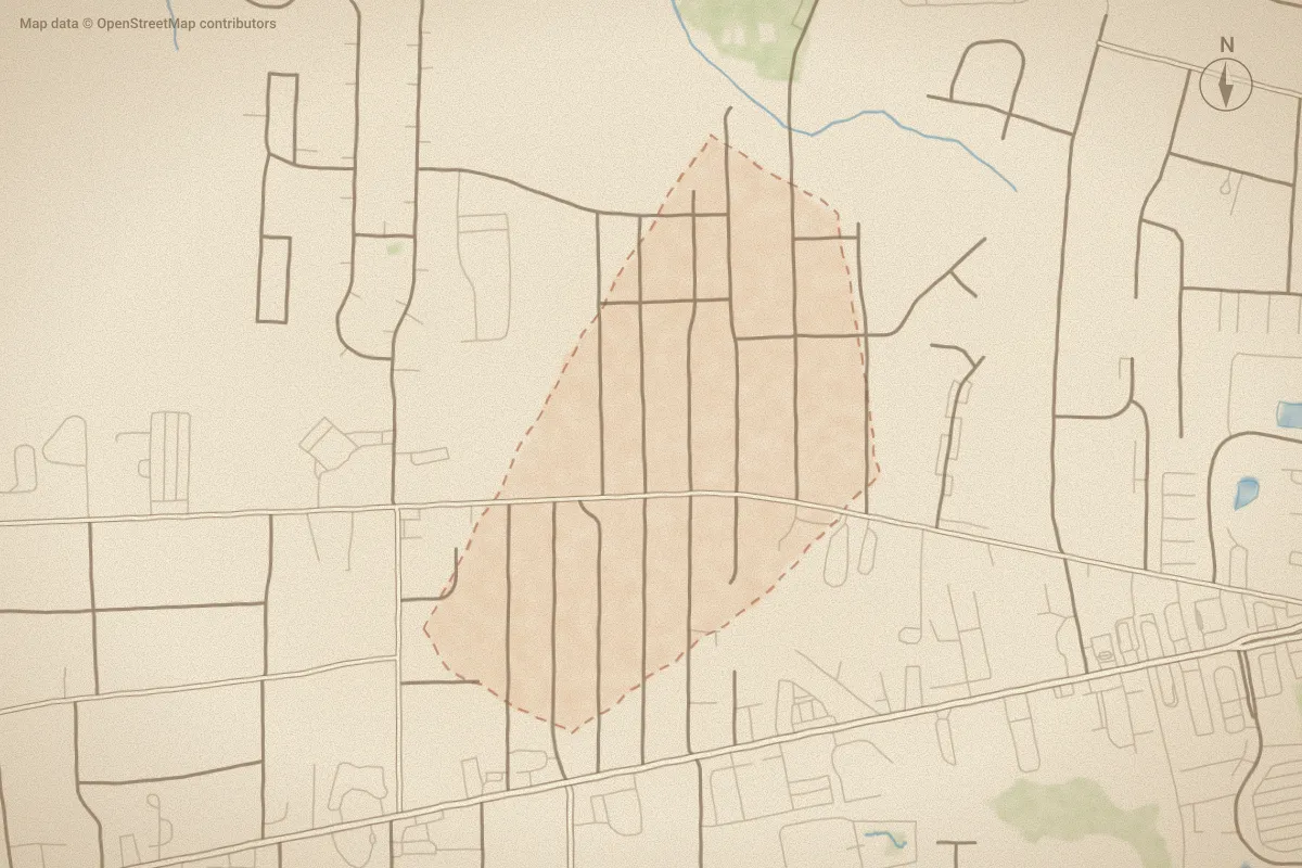 Watercolor map of Ridgecrest in Wilmington, NC, showing its streets, water and surroundings
