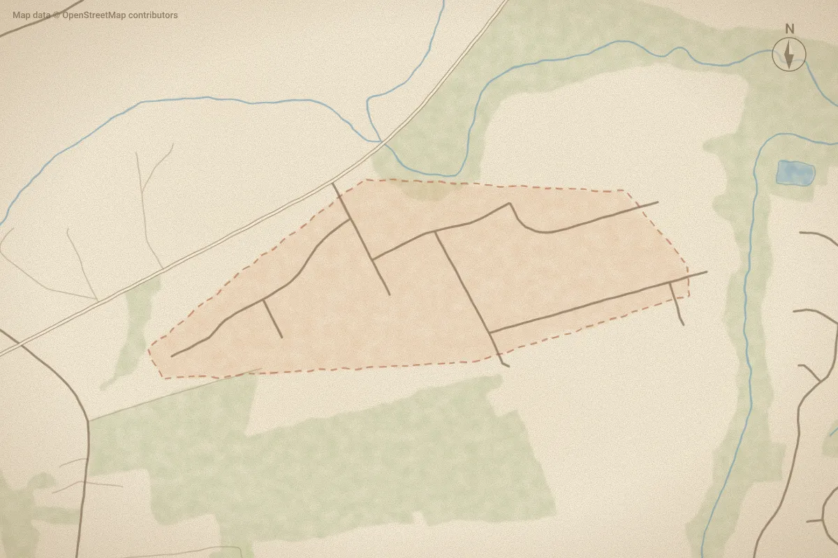 Watercolor map of River Bluff in Jacksonville, NC, showing its streets, water and surroundings