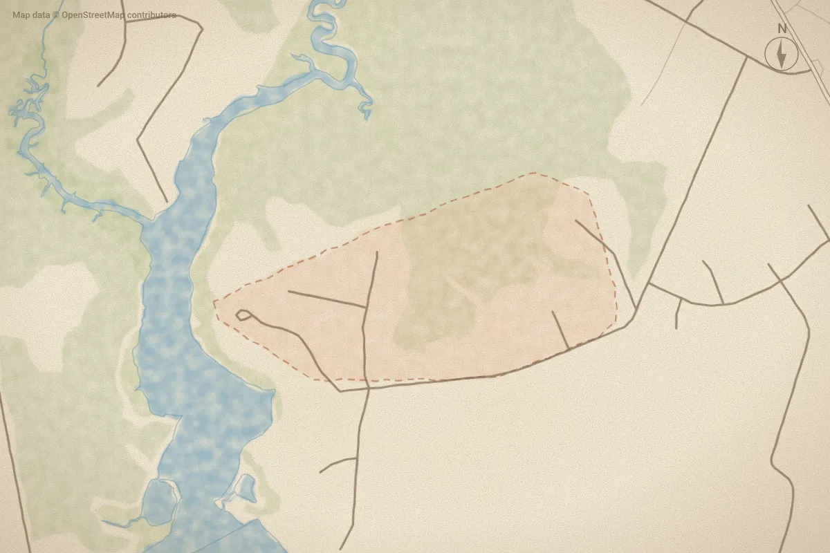 Watercolor map of River East in Peletier, NC, showing its streets, water and surroundings