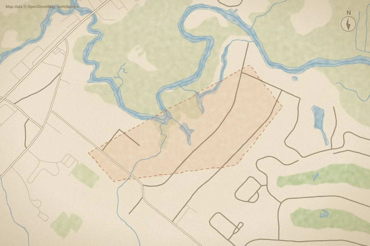Watercolor map of River Heights in Shallotte, NC, showing its streets, water and surroundings