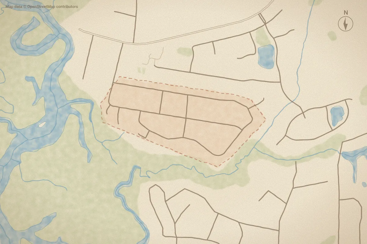 Watercolor map of River Hills in Shallotte, NC, showing its streets, water and surroundings