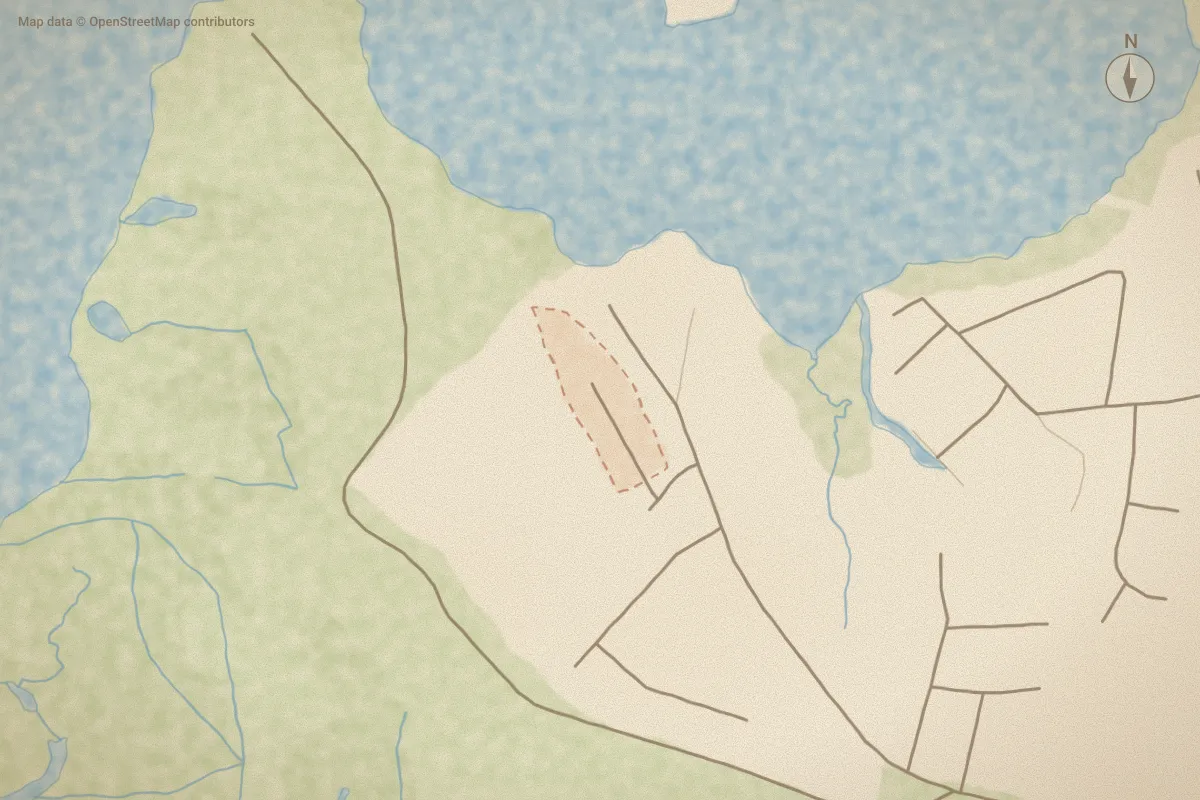 Watercolor map of River Oake in Cedar Point, NC, showing its streets, water and surroundings