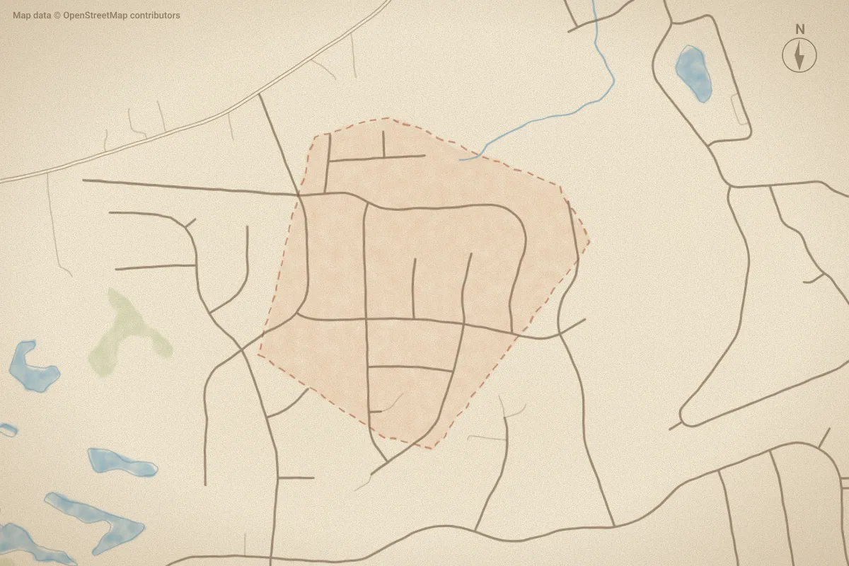 Watercolor map of River Ridge in Leland, NC, showing its streets, water and surroundings