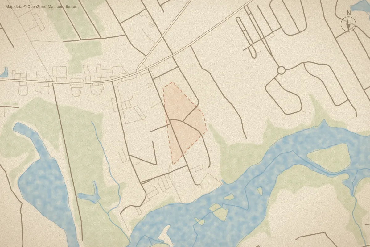 Watercolor map of River View Acres in Calabash, NC, showing its streets, water and surroundings