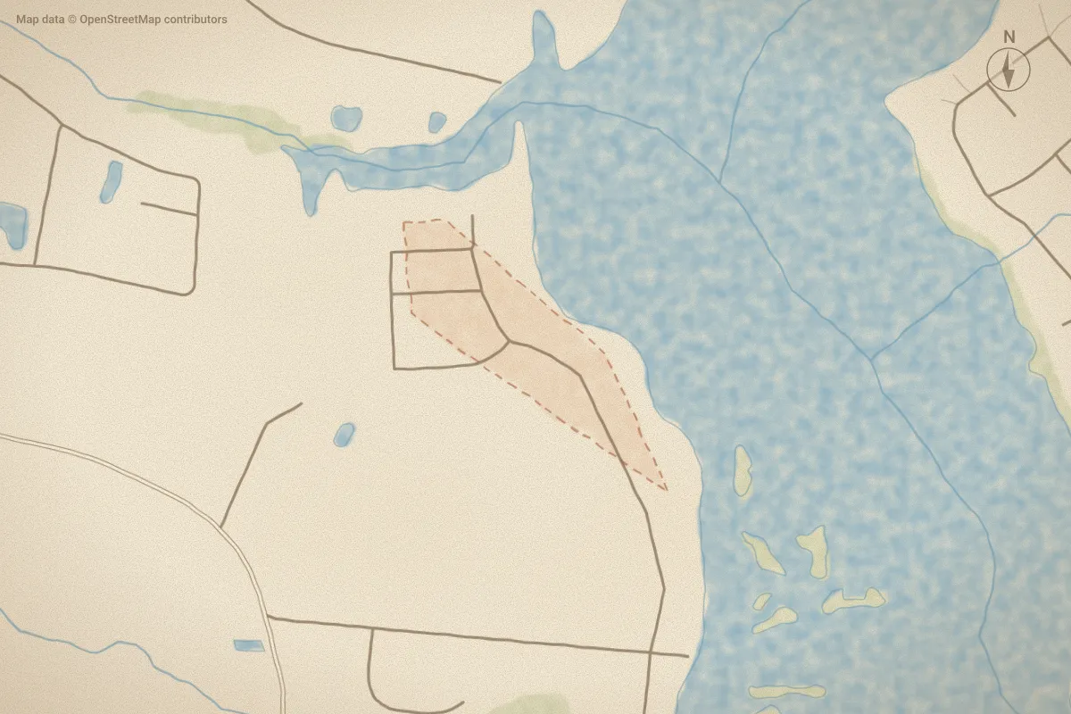 Watercolor map of Riverbend in Shallotte, NC, showing its streets, water and surroundings