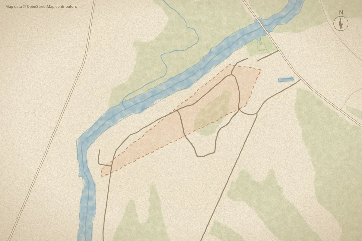 Watercolor map of Rivergate in Ash, NC, showing its streets, water and surroundings