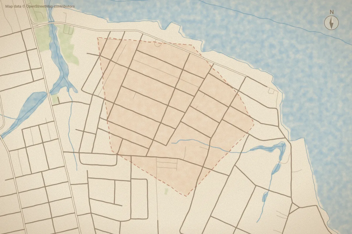 Watercolor map of Riverside in Elizabeth City, NC, showing its streets, water and surroundings