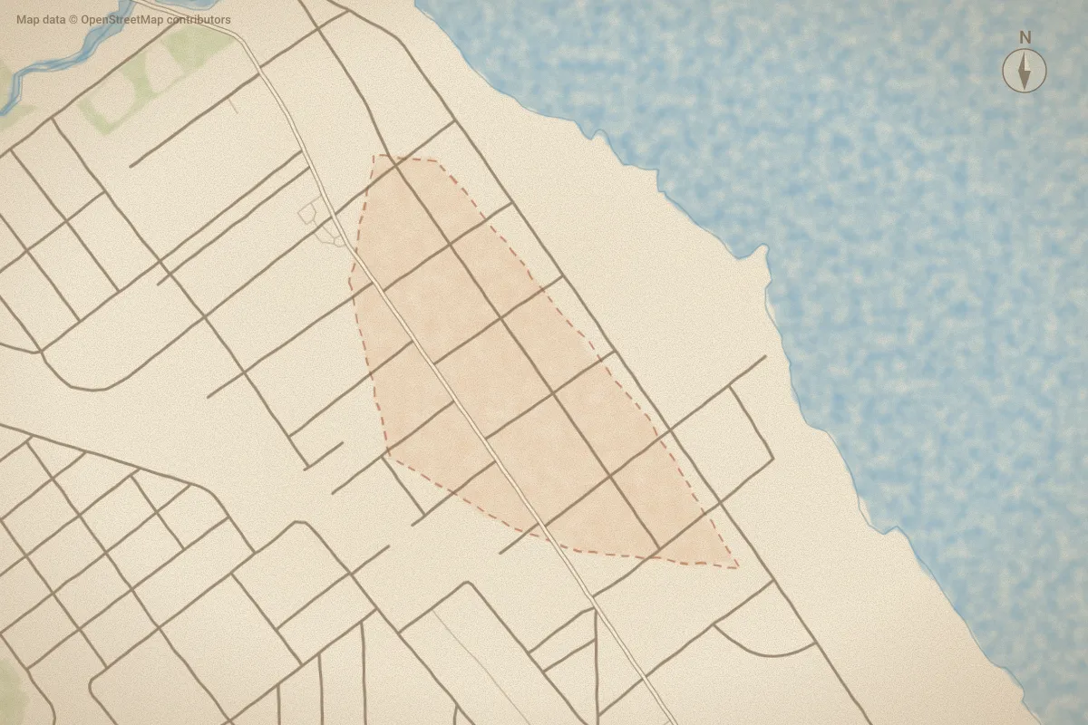 Watercolor map of Riverside Historic in New Bern, NC, showing its streets, water and surroundings