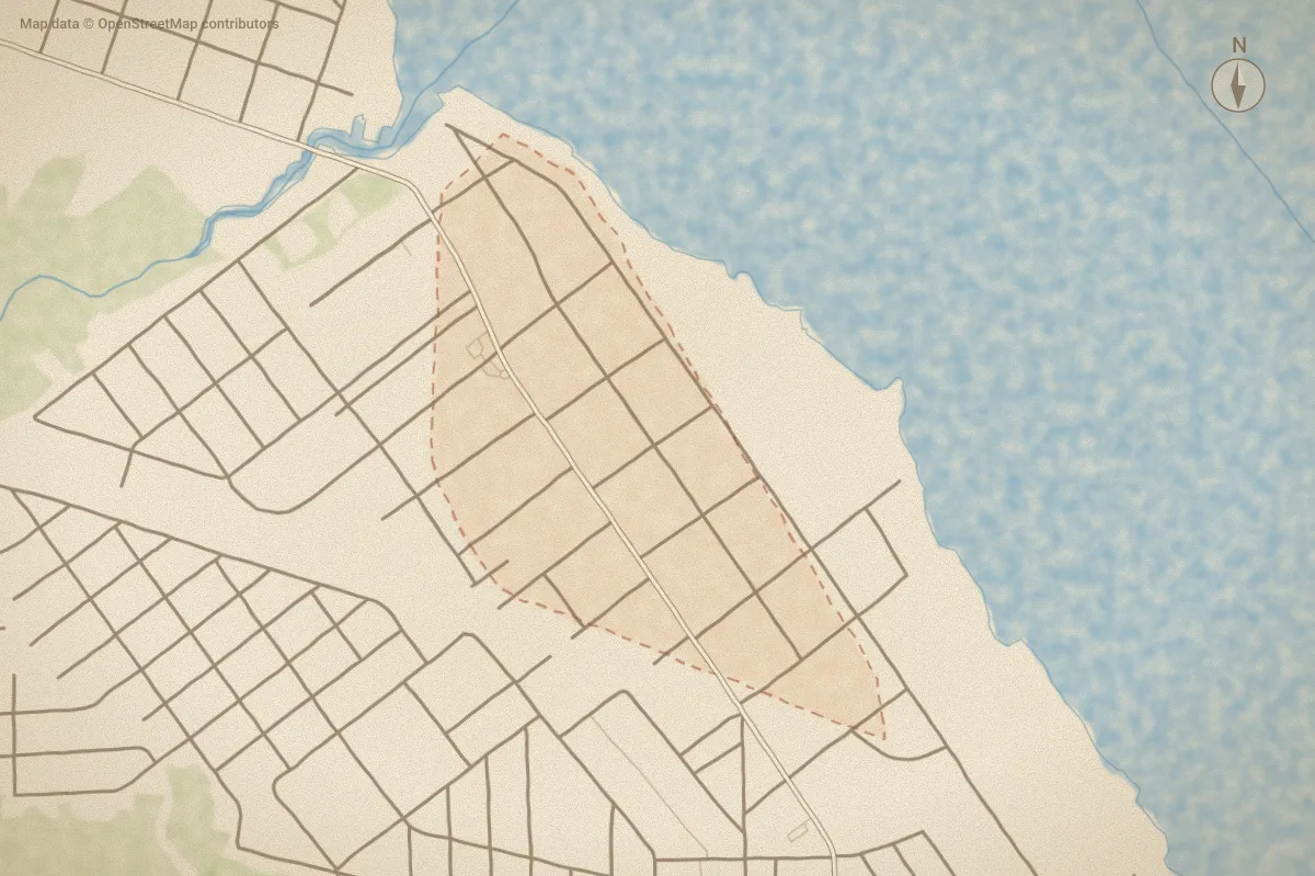 Watercolor map of Riverside in New Bern, NC, showing its streets, water and surroundings